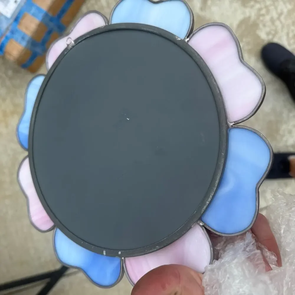 Vintage Blue Pink Stained Glass Heart Mirror Round 10.5” - Small Wall Hanging